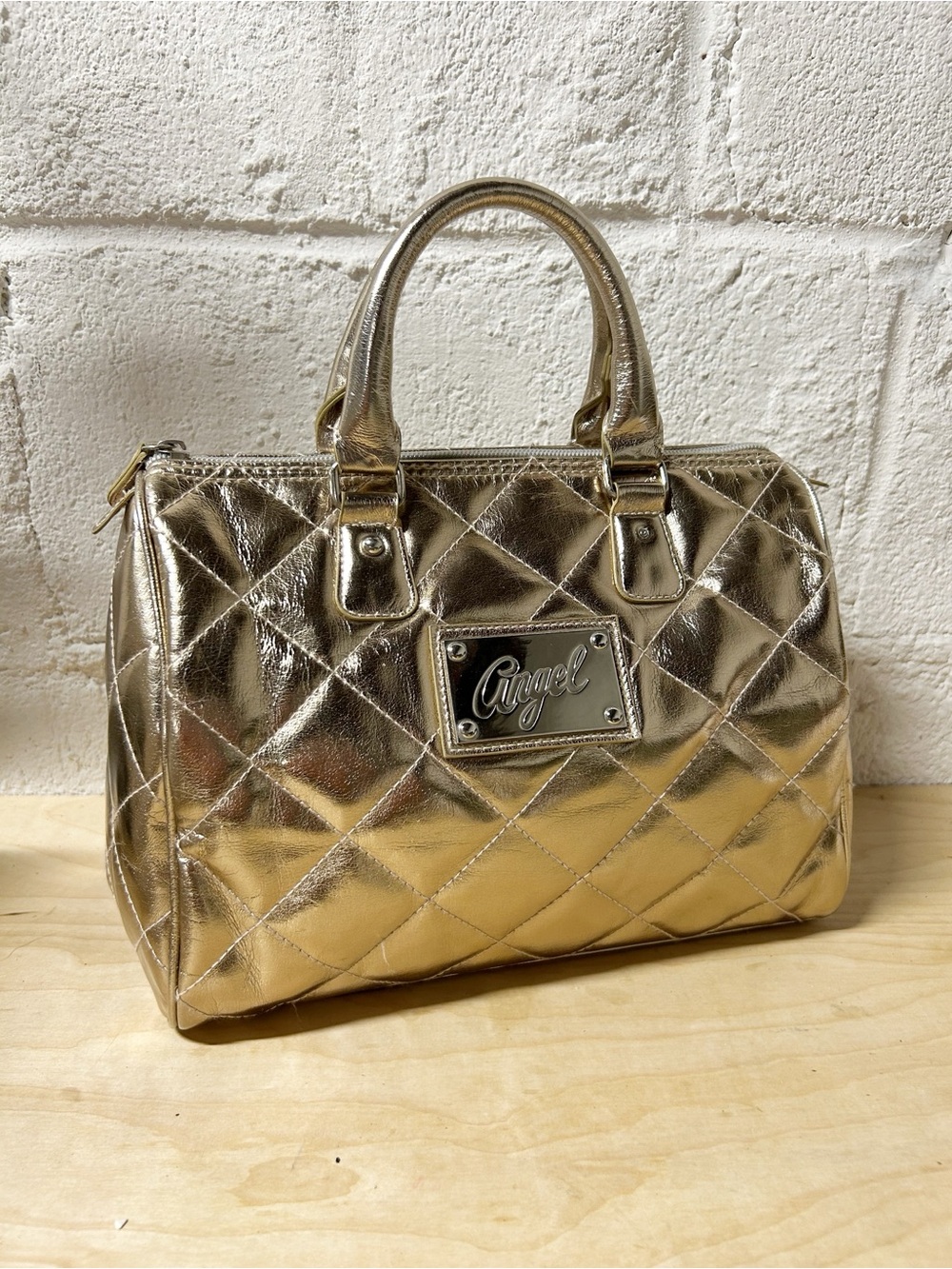 Vintage Y2K Victoria's Secret Angel Quilted Metallic Gold Satchel Cosmetic Bag